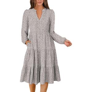 imageANRABESS Long Sleeve Dress for Women V Neck 2025 Fall Fashion Casual Loose Fit Flowy Swing Tiered Vacation DressesKhaki Polka Dot
