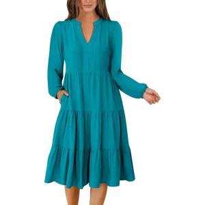 imageANRABESS Long Sleeve Dress for Women V Neck 2025 Fall Fashion Casual Loose Fit Flowy Swing Tiered Vacation DressesLake Green