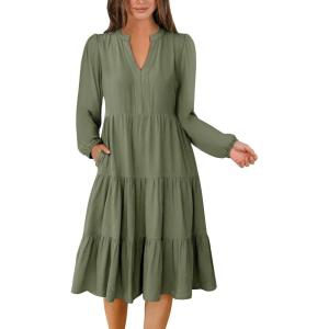 imageANRABESS Long Sleeve Dress for Women V Neck 2025 Fall Fashion Casual Loose Fit Flowy Swing Tiered Vacation DressesOlive