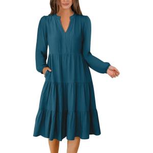 imageANRABESS Long Sleeve Dress for Women V Neck 2025 Fall Fashion Casual Loose Fit Flowy Swing Tiered Vacation DressesTeal Blue