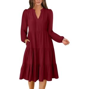 imageANRABESS Long Sleeve Dress for Women V Neck 2025 Fall Fashion Casual Loose Fit Flowy Swing Tiered Vacation DressesWine Red