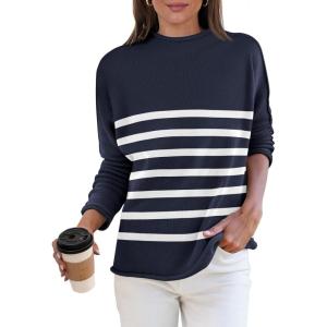 imageANRABESS Women Casual Long Sleeve Mock Funnel Neck Knit Pullover Sweater Top 2025 Fall Fashion Outfits with Exposed SeamBlue White Stripes