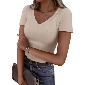 imageANRABESS Women Short Sleeve V Neck Ribbed Knit Fitted Shirts Basic Tees Tops 2025 Summer Casual TShirts Going Out OutfitsBeige