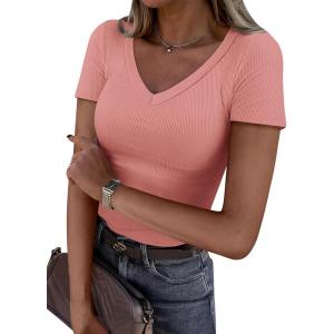 imageANRABESS Women Short Sleeve V Neck Ribbed Knit Fitted Shirts Basic Tees Tops 2025 Summer Casual TShirts Going Out OutfitsCoral