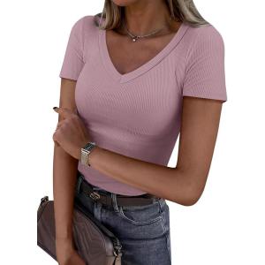 imageANRABESS Women Short Sleeve V Neck Ribbed Knit Fitted Shirts Basic Tees Tops 2025 Summer Casual TShirts Going Out OutfitsGrey Pink