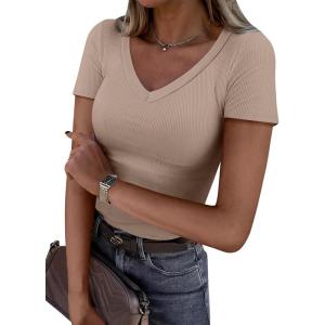 imageANRABESS Women Short Sleeve V Neck Ribbed Knit Fitted Shirts Basic Tees Tops 2025 Summer Casual TShirts Going Out OutfitsLight Khaki