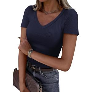 imageANRABESS Women Short Sleeve V Neck Ribbed Knit Fitted Shirts Basic Tees Tops 2025 Summer Casual TShirts Going Out OutfitsNavy Blue