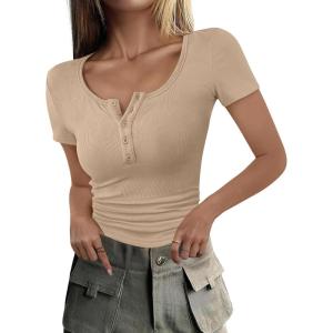 imageANRABESS Womens 2025 Spring Summer Short Sleeve Tops Ribbed Knit Henley Button Up Slim Fit Basic Casual T Shirts BlouseApricot