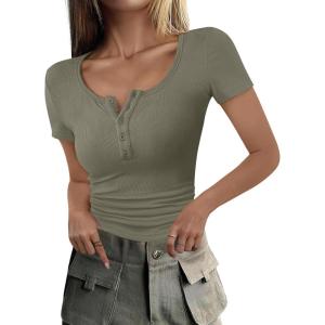 imageANRABESS Womens 2025 Spring Summer Short Sleeve Tops Ribbed Knit Henley Button Up Slim Fit Basic Casual T Shirts BlouseArmy Green