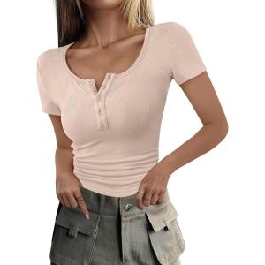 imageANRABESS Womens 2025 Spring Summer Short Sleeve Tops Ribbed Knit Henley Button Up Slim Fit Basic Casual T Shirts BlouseBeige