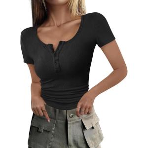 imageANRABESS Womens 2025 Spring Summer Short Sleeve Tops Ribbed Knit Henley Button Up Slim Fit Basic Casual T Shirts BlouseBlack