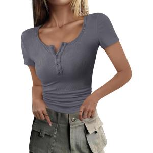 imageANRABESS Womens 2025 Spring Summer Short Sleeve Tops Ribbed Knit Henley Button Up Slim Fit Basic Casual T Shirts BlouseBlack Grey