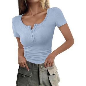 imageANRABESS Womens 2025 Spring Summer Short Sleeve Tops Ribbed Knit Henley Button Up Slim Fit Basic Casual T Shirts BlouseBlue