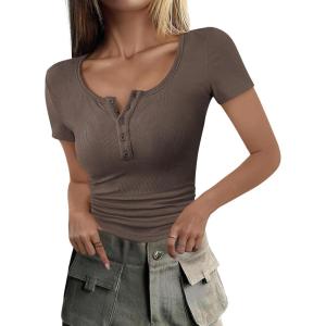 imageANRABESS Womens 2025 Spring Summer Short Sleeve Tops Ribbed Knit Henley Button Up Slim Fit Basic Casual T Shirts BlouseBrown