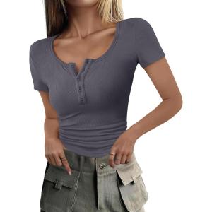 imageANRABESS Womens 2025 Spring Summer Short Sleeve Tops Ribbed Knit Henley Button Up Slim Fit Basic Casual T Shirts BlouseCharcoal