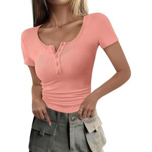 imageANRABESS Womens 2025 Spring Summer Short Sleeve Tops Ribbed Knit Henley Button Up Slim Fit Basic Casual T Shirts BlouseCoral
