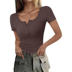 imageANRABESS Womens 2025 Spring Summer Short Sleeve Tops Ribbed Knit Henley Button Up Slim Fit Basic Casual T Shirts BlouseDeep Brown
