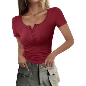 imageANRABESS Womens 2025 Spring Summer Short Sleeve Tops Ribbed Knit Henley Button Up Slim Fit Basic Casual T Shirts BlouseDeep Red