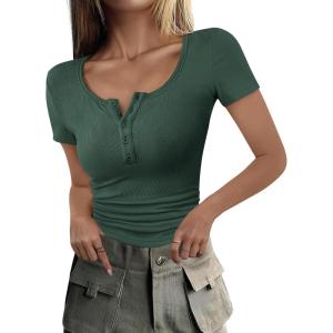 imageANRABESS Womens 2025 Spring Summer Short Sleeve Tops Ribbed Knit Henley Button Up Slim Fit Basic Casual T Shirts BlouseForest Green