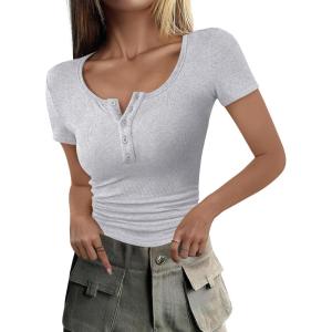 imageANRABESS Womens 2025 Spring Summer Short Sleeve Tops Ribbed Knit Henley Button Up Slim Fit Basic Casual T Shirts BlouseGrey