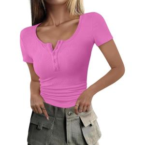 imageANRABESS Womens 2025 Spring Summer Short Sleeve Tops Ribbed Knit Henley Button Up Slim Fit Basic Casual T Shirts BlouseHot Pink