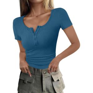 imageANRABESS Womens 2025 Spring Summer Short Sleeve Tops Ribbed Knit Henley Button Up Slim Fit Basic Casual T Shirts BlouseIndigo