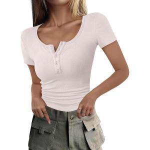 imageANRABESS Womens 2025 Spring Summer Short Sleeve Tops Ribbed Knit Henley Button Up Slim Fit Basic Casual T Shirts BlouseLight Beige