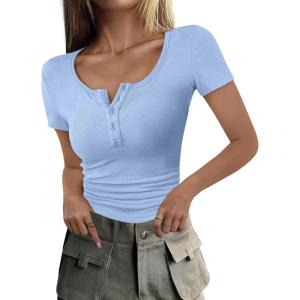 imageANRABESS Womens 2025 Spring Summer Short Sleeve Tops Ribbed Knit Henley Button Up Slim Fit Basic Casual T Shirts BlouseLight Blue
