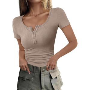 imageANRABESS Womens 2025 Spring Summer Short Sleeve Tops Ribbed Knit Henley Button Up Slim Fit Basic Casual T Shirts BlouseLight Khaki