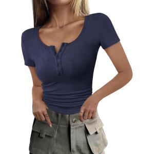 imageANRABESS Womens 2025 Spring Summer Short Sleeve Tops Ribbed Knit Henley Button Up Slim Fit Basic Casual T Shirts BlouseNavy Blue