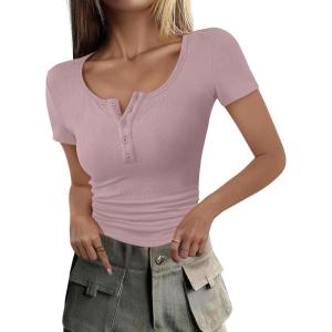 imageANRABESS Womens 2025 Spring Summer Short Sleeve Tops Ribbed Knit Henley Button Up Slim Fit Basic Casual T Shirts BlouseNutmeg