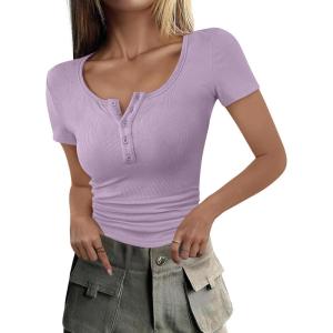 imageANRABESS Womens 2025 Spring Summer Short Sleeve Tops Ribbed Knit Henley Button Up Slim Fit Basic Casual T Shirts BlousePurple