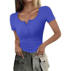 imageANRABESS Womens 2025 Spring Summer Short Sleeve Tops Ribbed Knit Henley Button Up Slim Fit Basic Casual T Shirts BlouseRoyal Blue