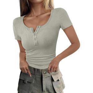 imageANRABESS Womens 2025 Spring Summer Short Sleeve Tops Ribbed Knit Henley Button Up Slim Fit Basic Casual T Shirts BlouseSage Green