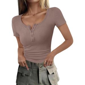 imageANRABESS Womens 2025 Spring Summer Short Sleeve Tops Ribbed Knit Henley Button Up Slim Fit Basic Casual T Shirts BlouseTaupe