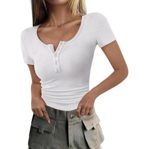 imageANRABESS Womens 2025 Spring Summer Short Sleeve Tops Ribbed Knit Henley Button Up Slim Fit Basic Casual T Shirts BlouseWhite