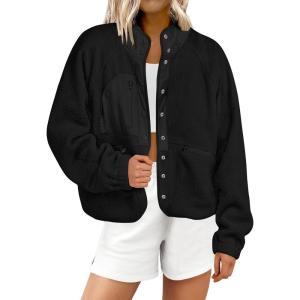 imageANRABESS Womens Fuzzy Fleece Jacket Fall Casual Long Sleeve Cropped Sherpa Button Down Shacket Coats Outwear With PocketsBlack