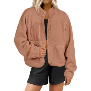 imageANRABESS Womens Fuzzy Fleece Jacket Fall Casual Long Sleeve Cropped Sherpa Button Down Shacket Coats Outwear With PocketsBrown