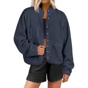 imageANRABESS Womens Fuzzy Fleece Jacket Fall Casual Long Sleeve Cropped Sherpa Button Down Shacket Coats Outwear With PocketsNavy Blue