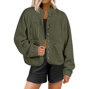 imageANRABESS Womens Fuzzy Fleece Jacket Fall Casual Long Sleeve Cropped Sherpa Button Down Shacket Coats Outwear With PocketsOlive