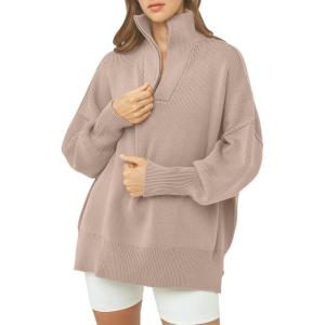 imageANRABESS Womens Oversized Fashion Long Sleeve Quarter Zip Baggy Loose Slouchy Sweater Pullover Tops 2025 Fall OutfitsSand