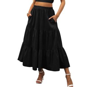imageANRABESS Womens Summer Boho Flowy Swing Tiered ALine Maxi Skirt 2025 Fashion Trendy Elastic Waist Pleated Long Beach DressBlack