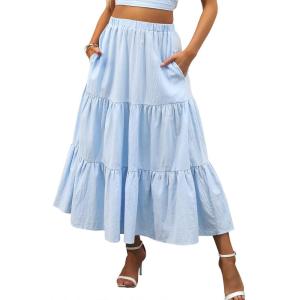 imageANRABESS Womens Summer Boho Flowy Swing Tiered ALine Maxi Skirt 2025 Fashion Trendy Elastic Waist Pleated Long Beach DressBlue