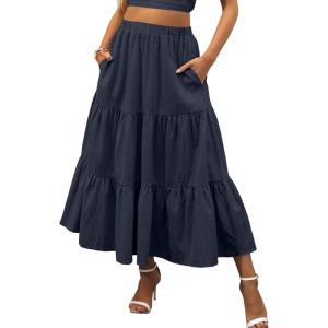 imageANRABESS Womens Summer Boho Flowy Swing Tiered ALine Maxi Skirt 2025 Fashion Trendy Elastic Waist Pleated Long Beach DressDark Navy Blue