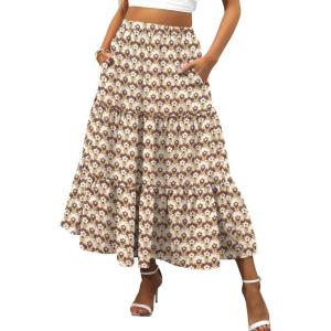 imageANRABESS Womens Summer Boho Flowy Swing Tiered ALine Maxi Skirt 2025 Fashion Trendy Elastic Waist Pleated Long Beach DressFloral Beige Brown