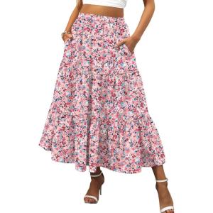 imageANRABESS Womens Summer Boho Flowy Swing Tiered ALine Maxi Skirt 2025 Fashion Trendy Elastic Waist Pleated Long Beach DressFloral Pink