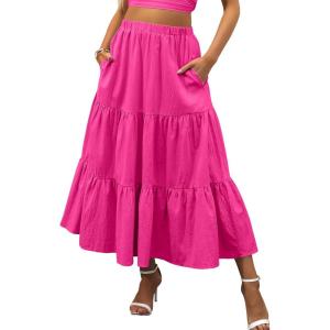 imageANRABESS Womens Summer Boho Flowy Swing Tiered ALine Maxi Skirt 2025 Fashion Trendy Elastic Waist Pleated Long Beach DressRose