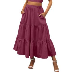 imageANRABESS Womens Summer Boho Flowy Swing Tiered ALine Maxi Skirt 2025 Fashion Trendy Elastic Waist Pleated Long Beach DressWine Red