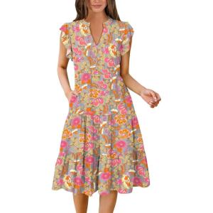 imageANRABESS Womens Summer Dress Ruffle Sleeve V Neck Midi Dresses Fashion Casual Fit Flowy Tiered Boho Beach Vacation SundressGrey Pink Floral