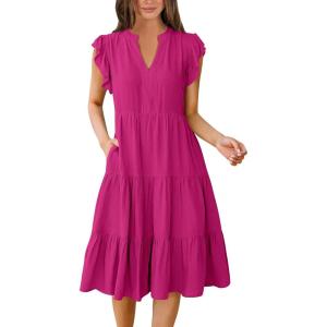 imageANRABESS Womens Summer Dress Ruffle Sleeve V Neck Midi Dresses Fashion Casual Fit Flowy Tiered Boho Beach Vacation SundressHot Pink